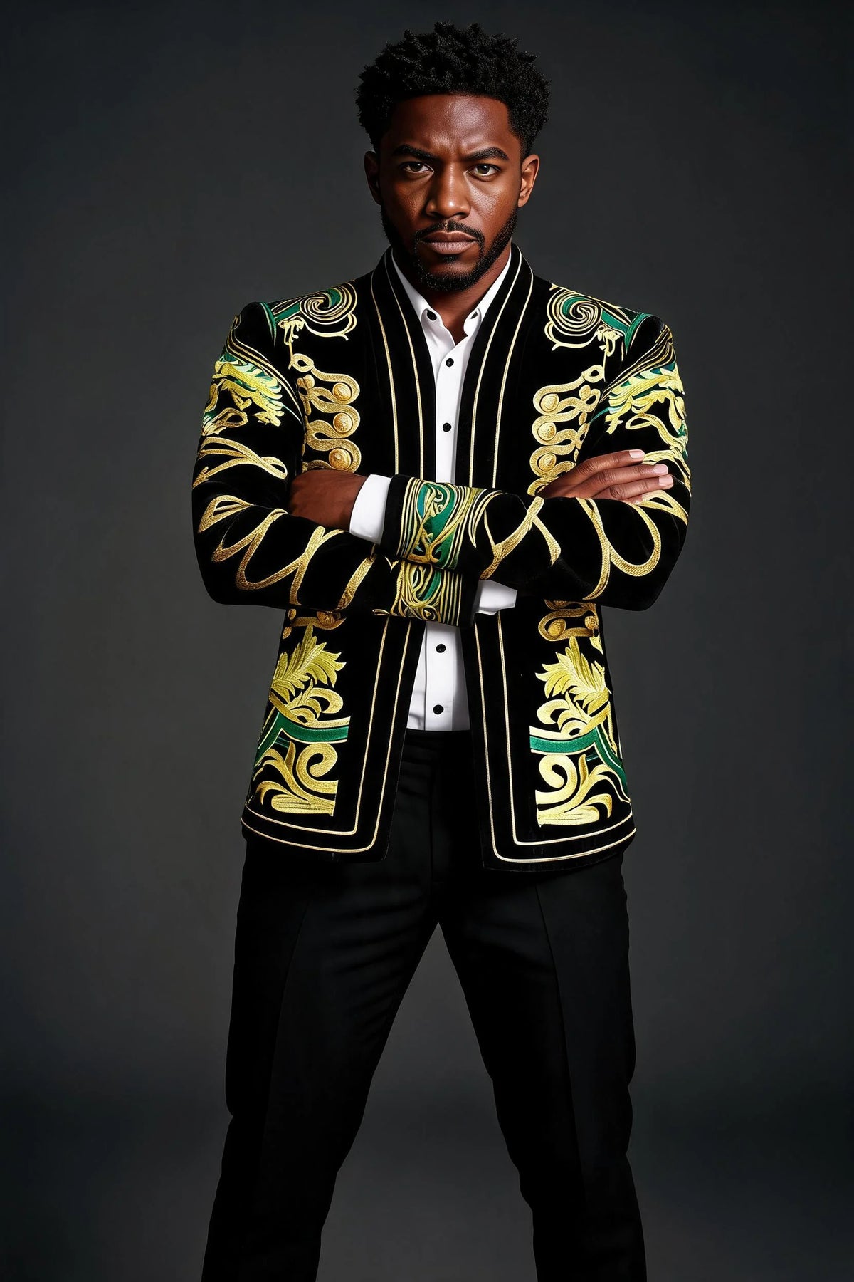 Men's Gold Aigillette Decorated with Luxury Black Embroidered Tuxedo