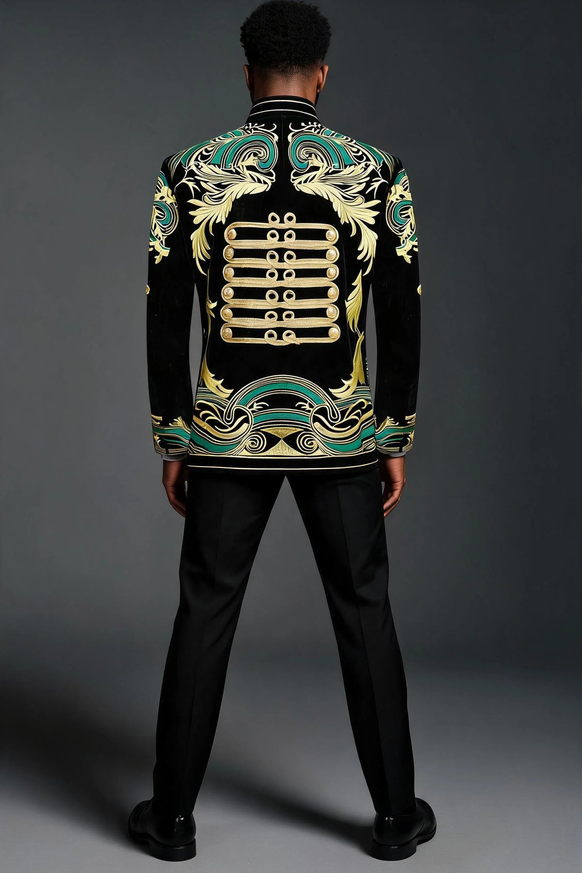 Men's Gold Aigillette Decorated with Luxury Black Embroidered Tuxedo