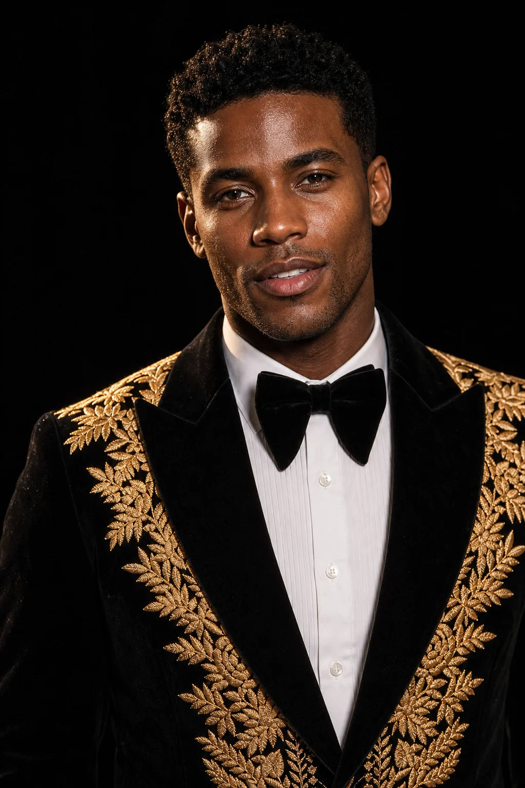 Men's Luxury Gold Embroidered Black Velvet Tuxedo Blazer