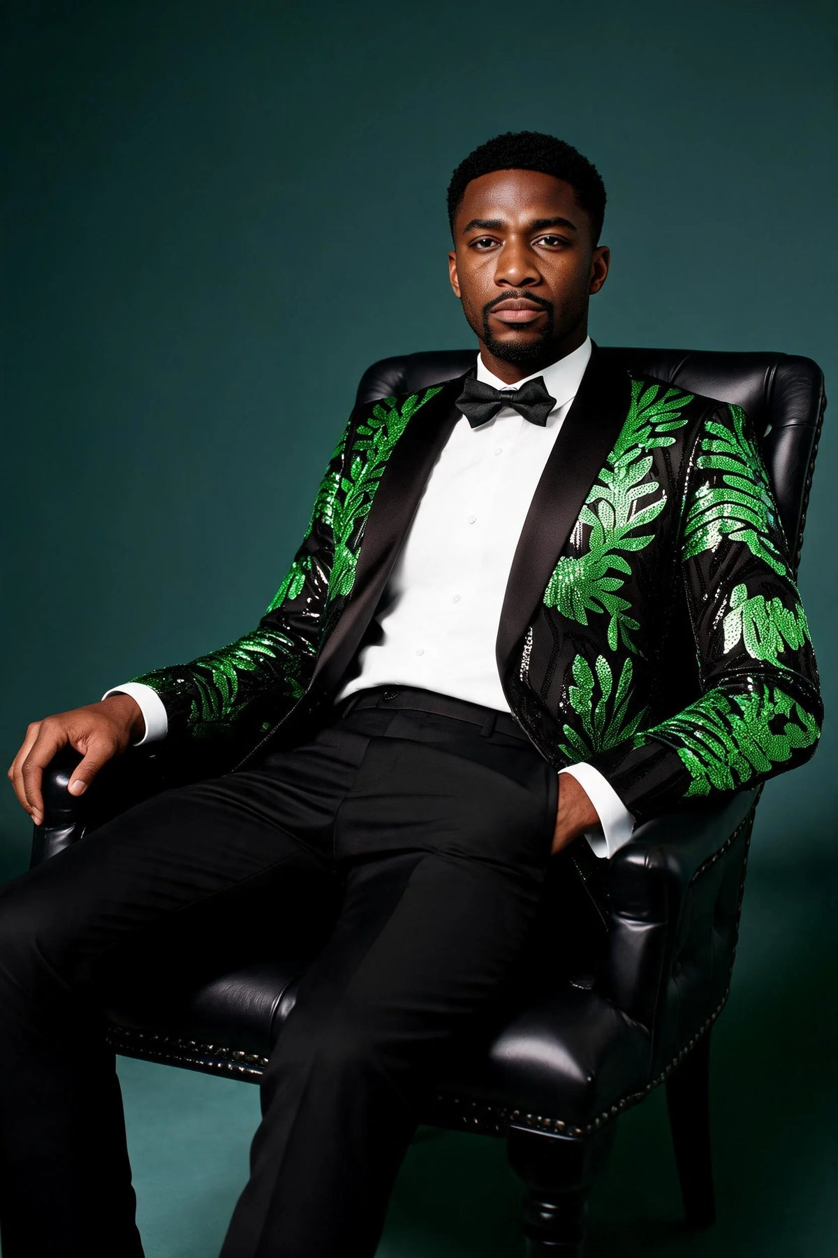 Men's 2-Piece Sequin Green Leaves Embroidery Tuxedo