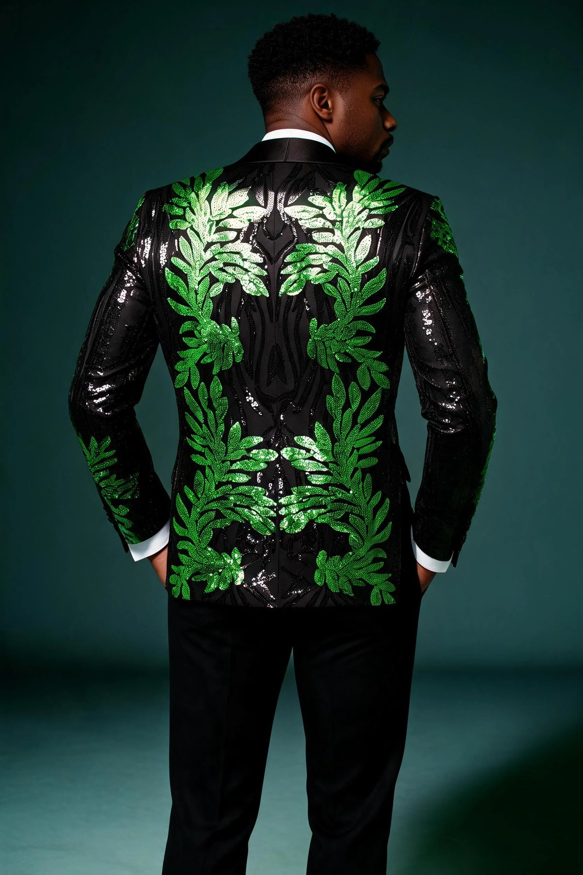 Men's 2-Piece Sequin Green Leaves Embroidery Tuxedo