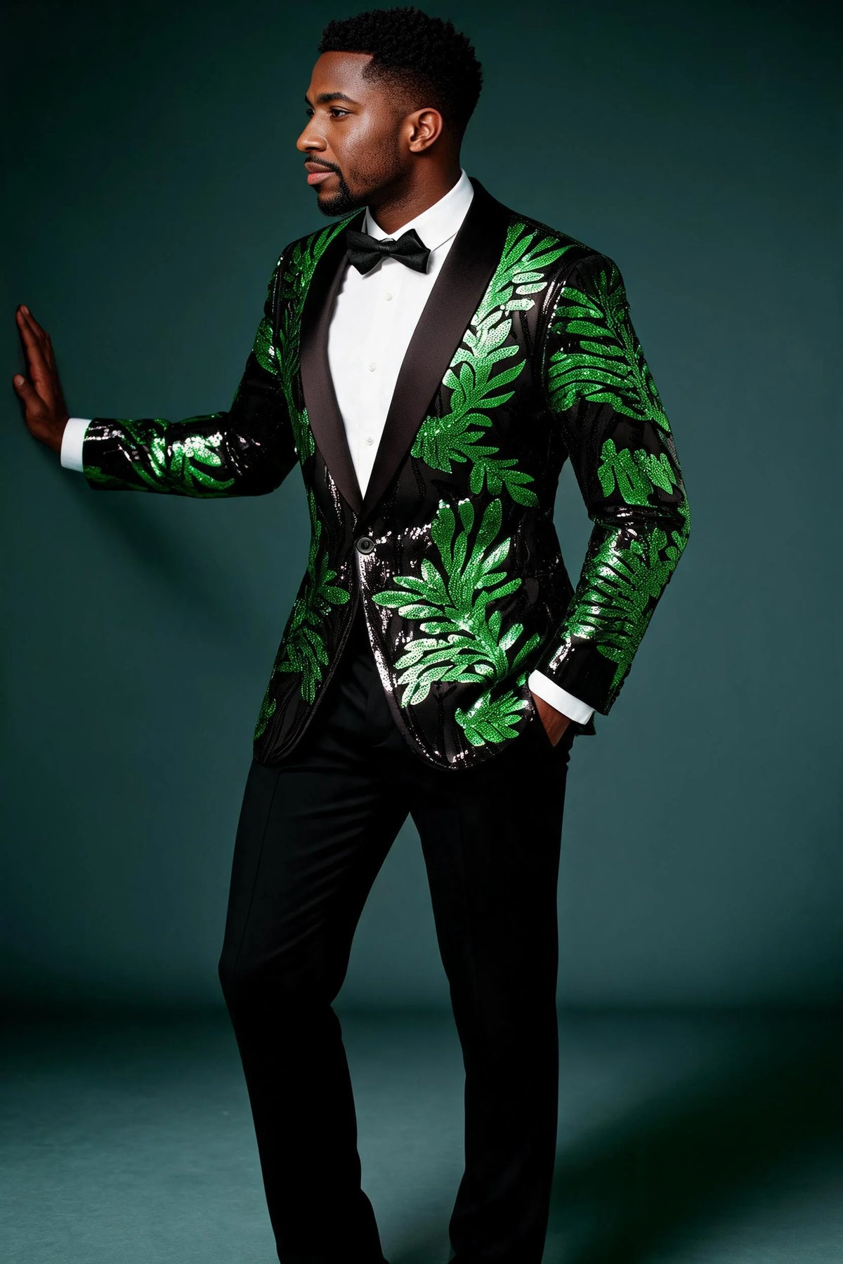Men's 2-Piece Sequin Green Leaves Embroidery Tuxedo