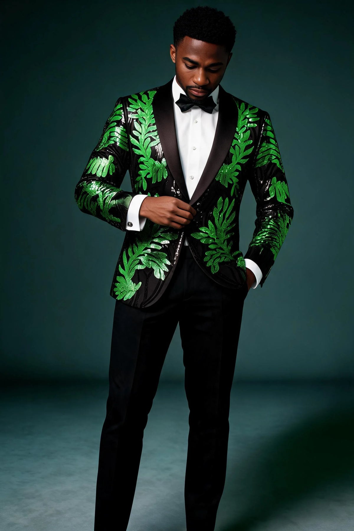 Men's 2-Piece Sequin Green Leaves Embroidery Tuxedo