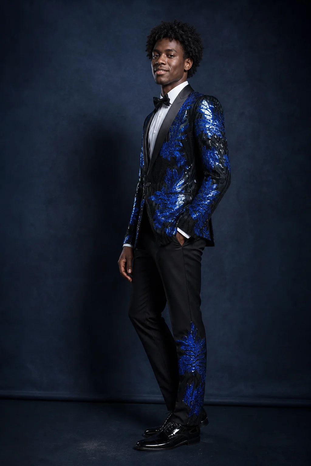 Men's 2-Piece Sequin Blue Leaves Embroidery Tuxedo