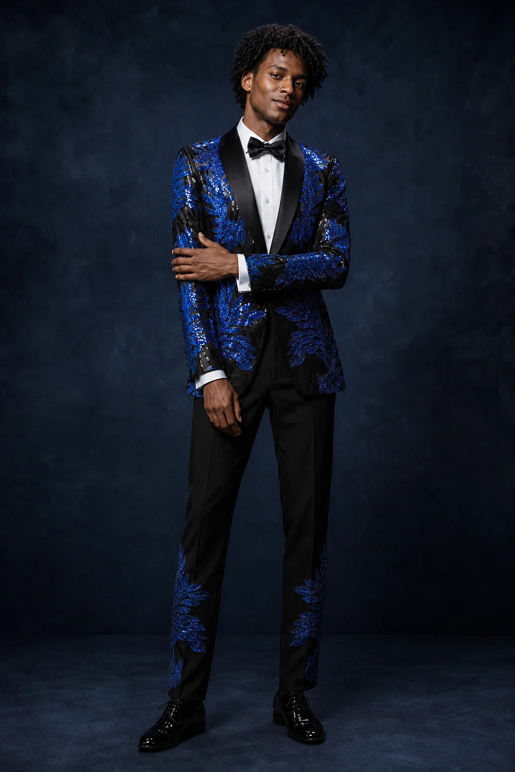 Men's 2-Piece Sequin Blue Leaves Embroidery Tuxedo