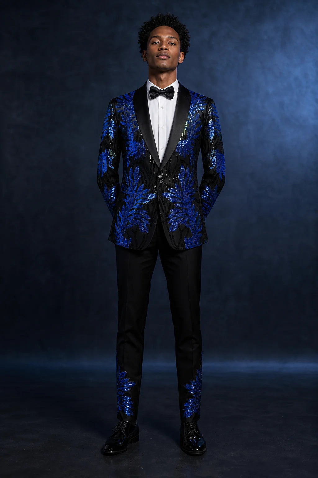 Men's 2-Piece Sequin Blue Leaves Embroidery Tuxedo