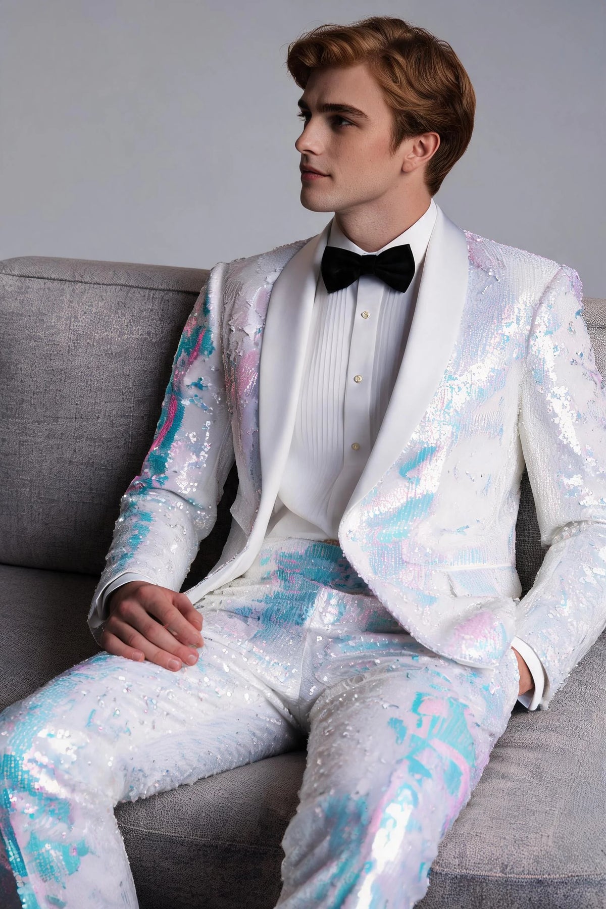Men's 2-Piece Shawl Lapel in Satin Blue and White Sequin Tuxedo