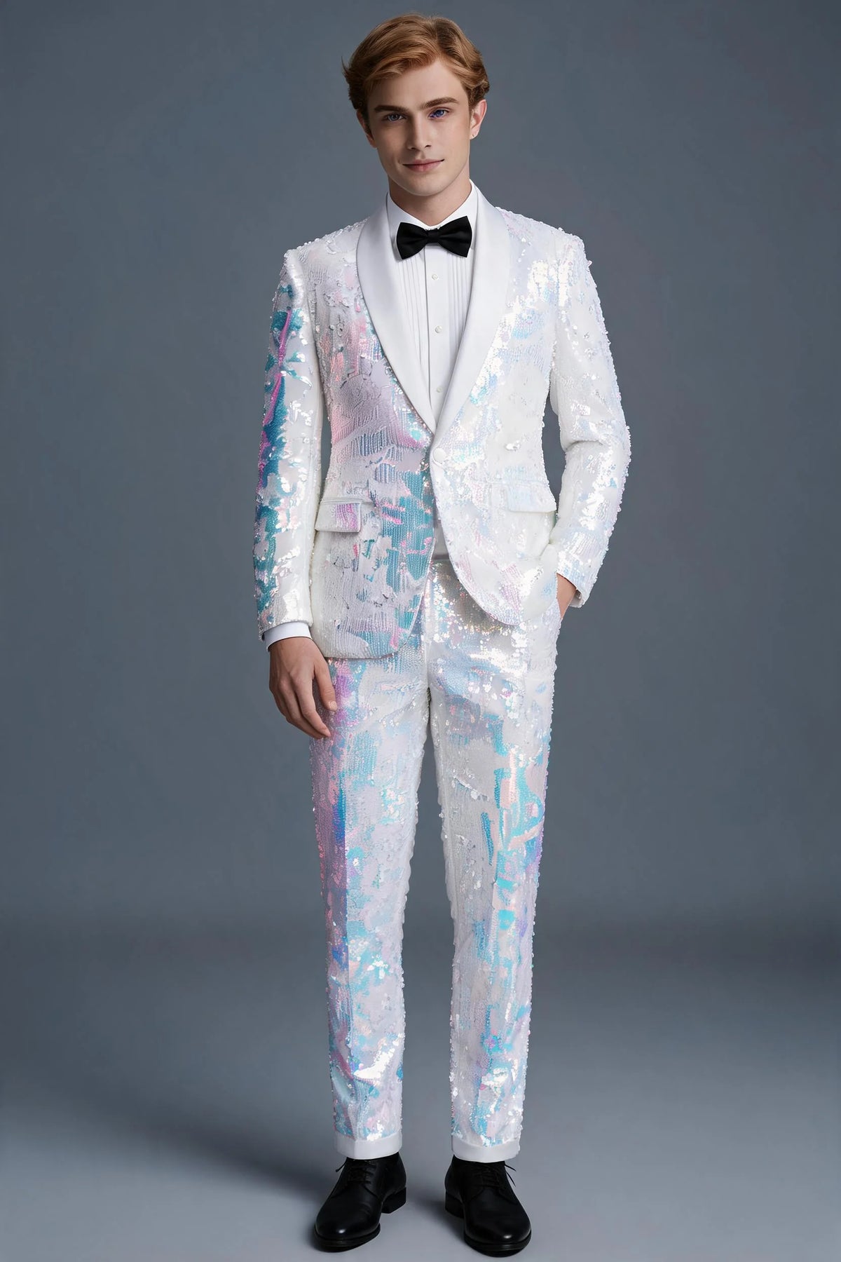 Men's 2-Piece Shawl Lapel in Satin Blue and White Sequin Tuxedo