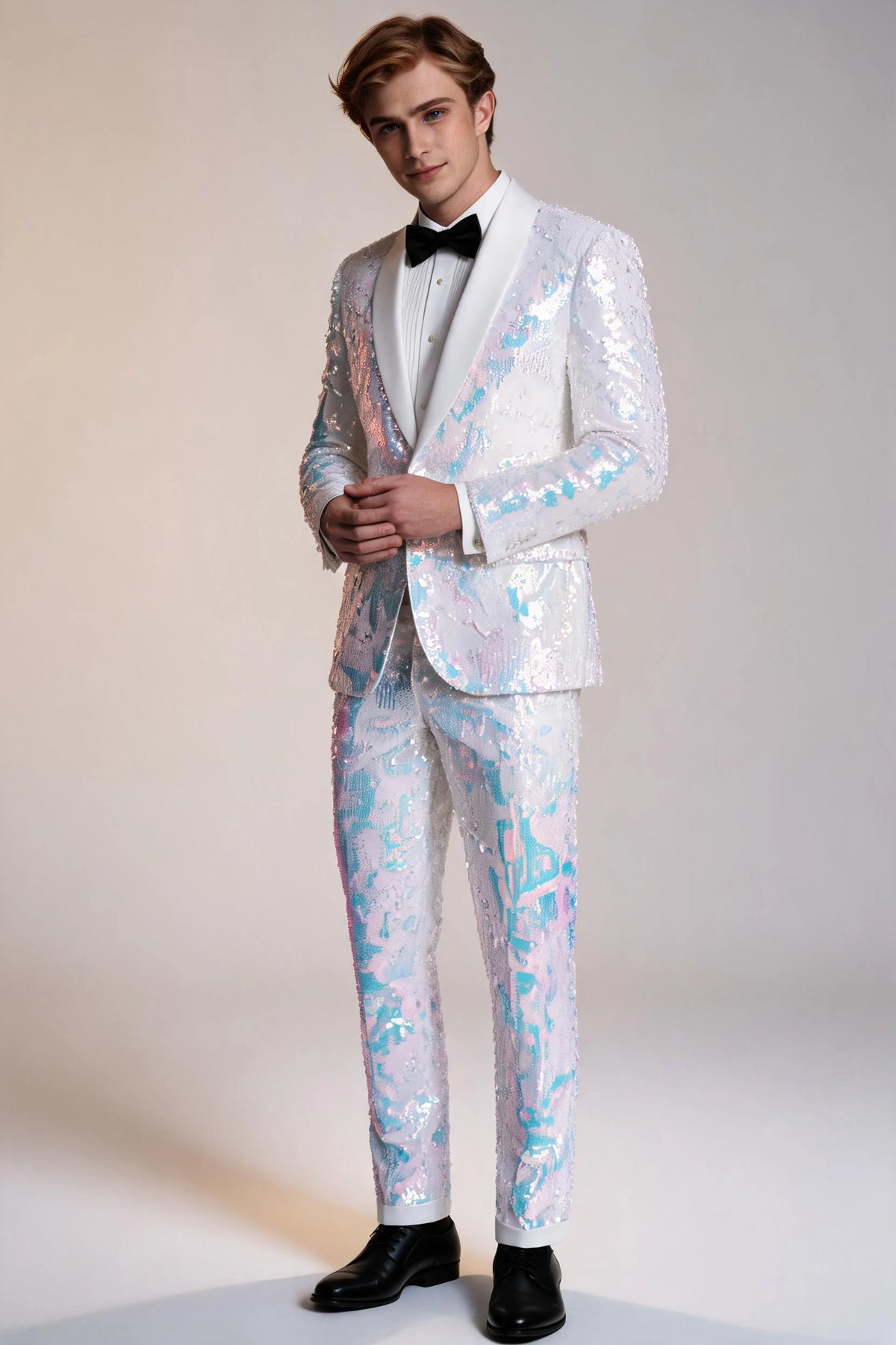 Men's 2-Piece Shawl Lapel in Satin Blue and White Sequin Tuxedo