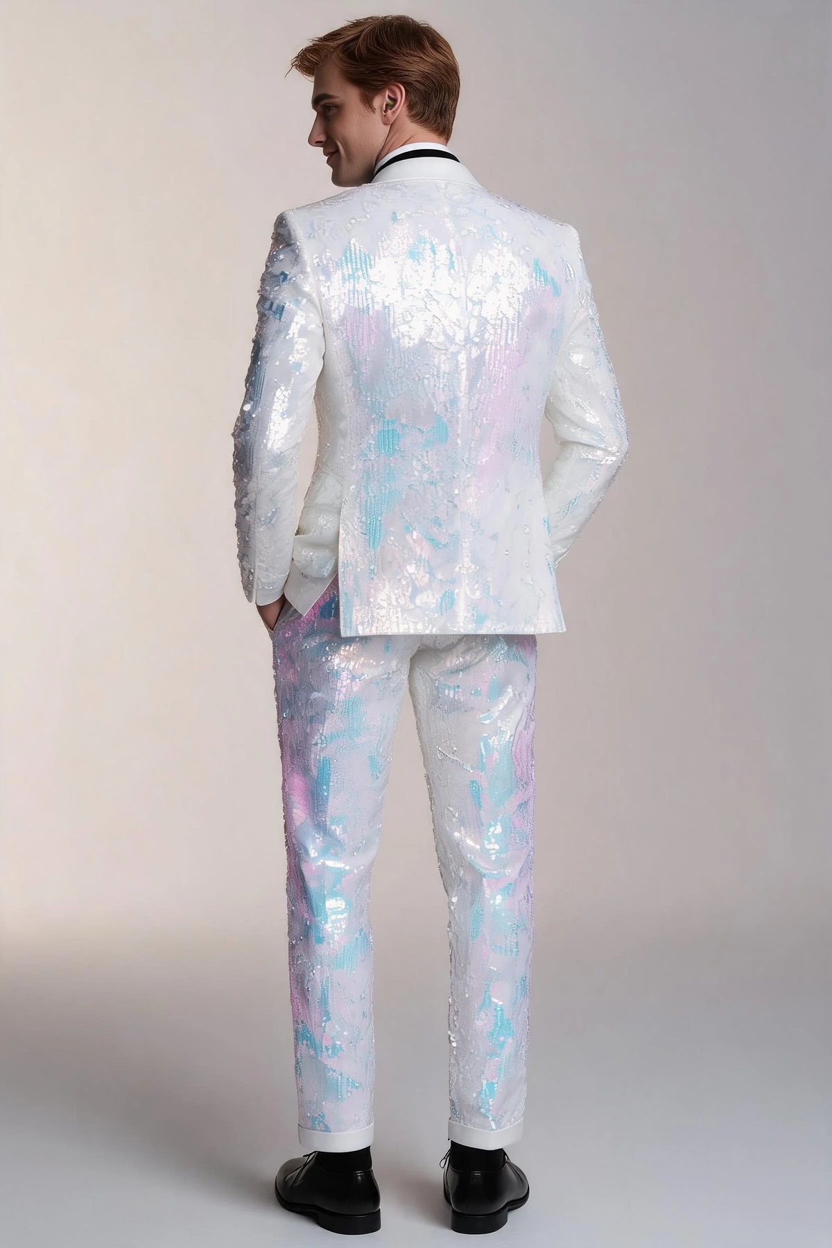 Men's 2-Piece Shawl Lapel in Satin Blue and White Sequin Tuxedo