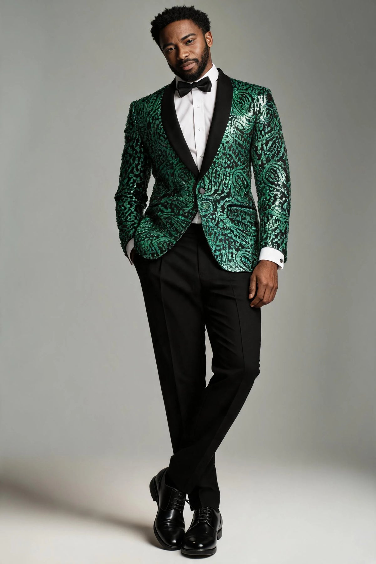 Men's Sequin Green Paisley Black Suit
