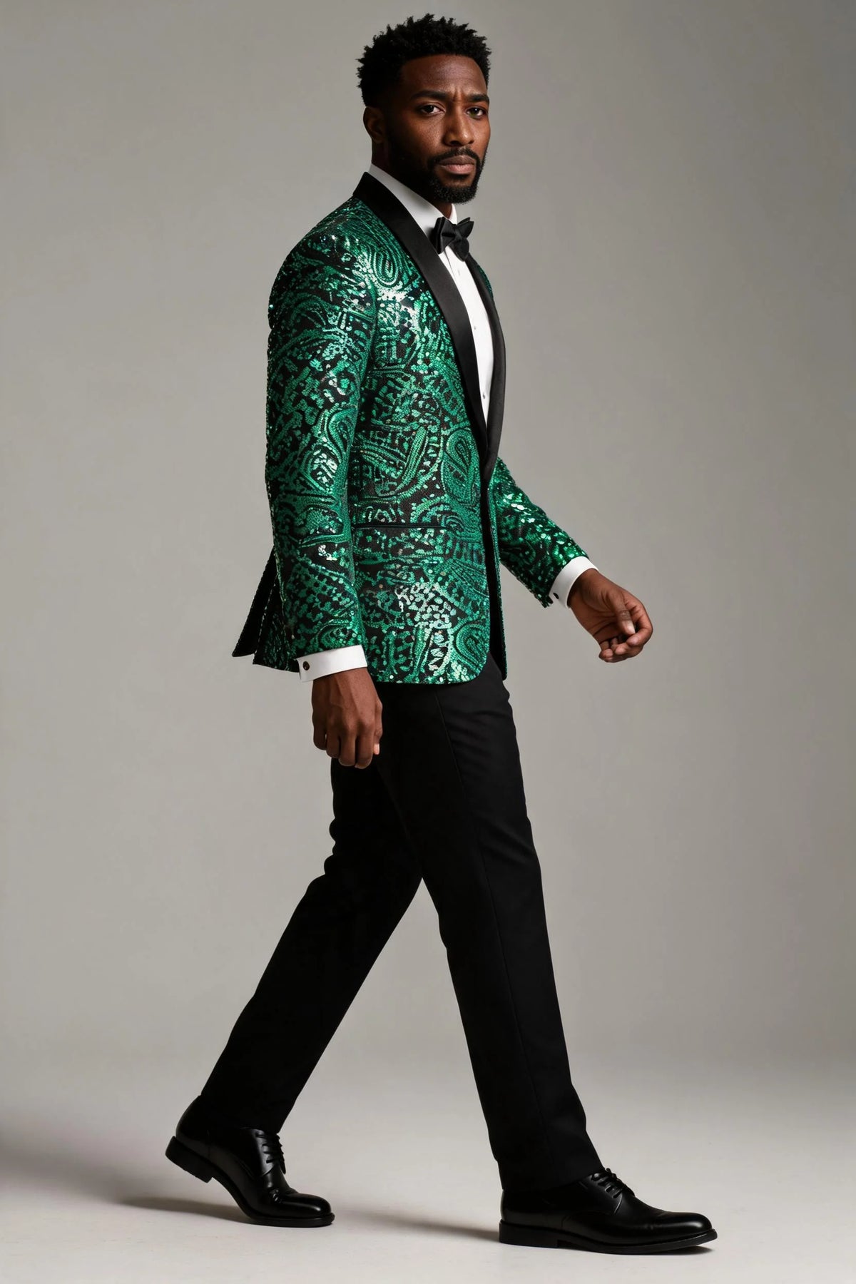 Men's Sequin Green Paisley Black Suit