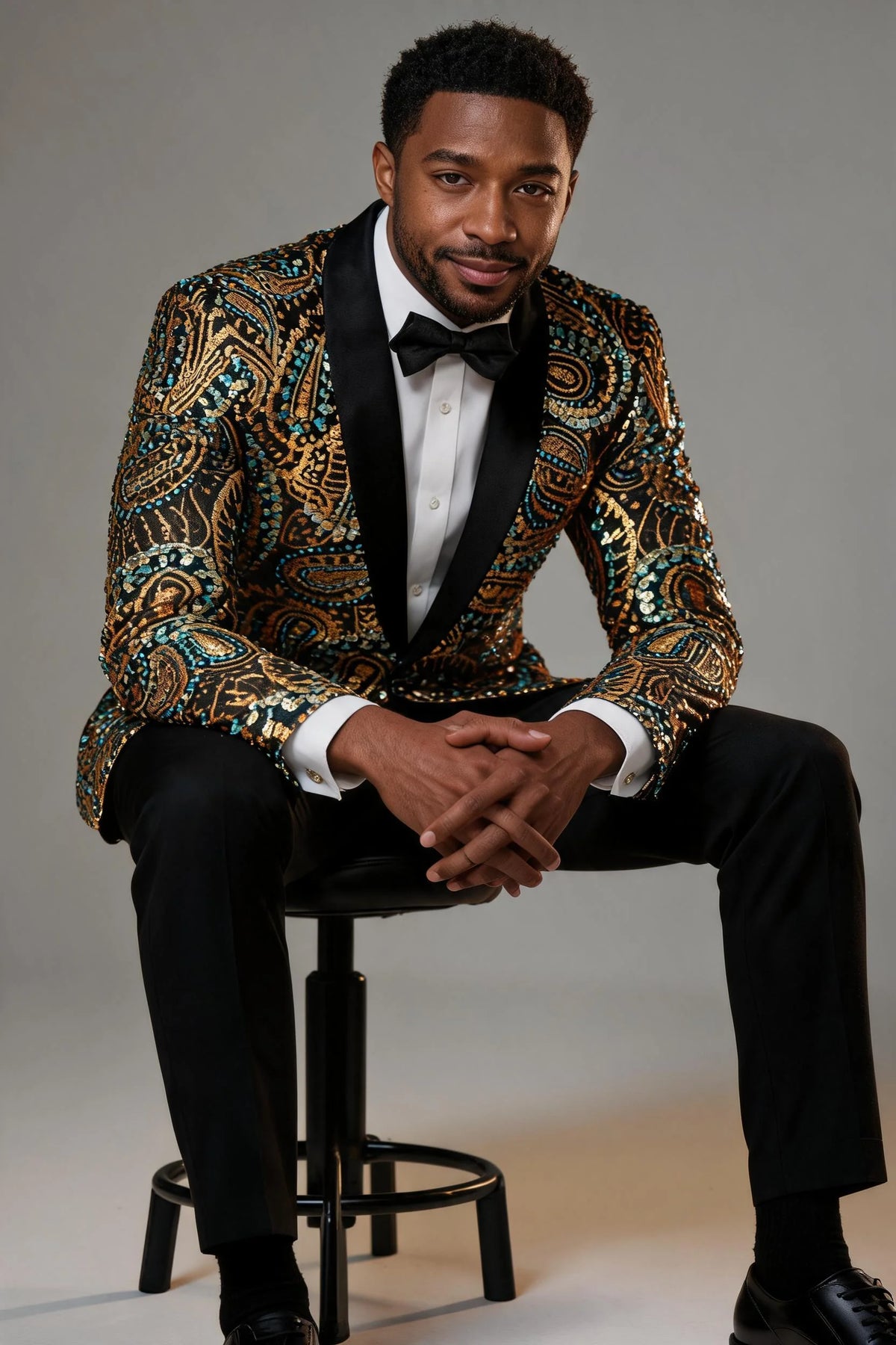 Men's Sequin Gold and Blue Paisley Black Suit