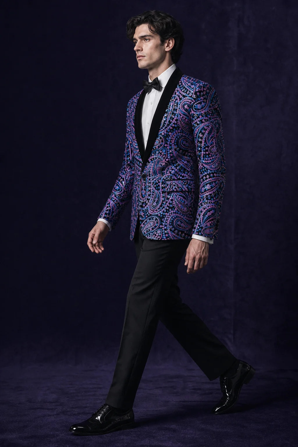 Men's Sequin Purple and Blue Paisley Black Suit