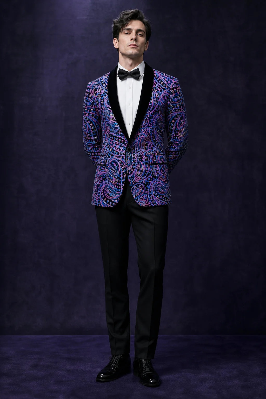 Men's Sequin Purple and Blue Paisley Black Suit