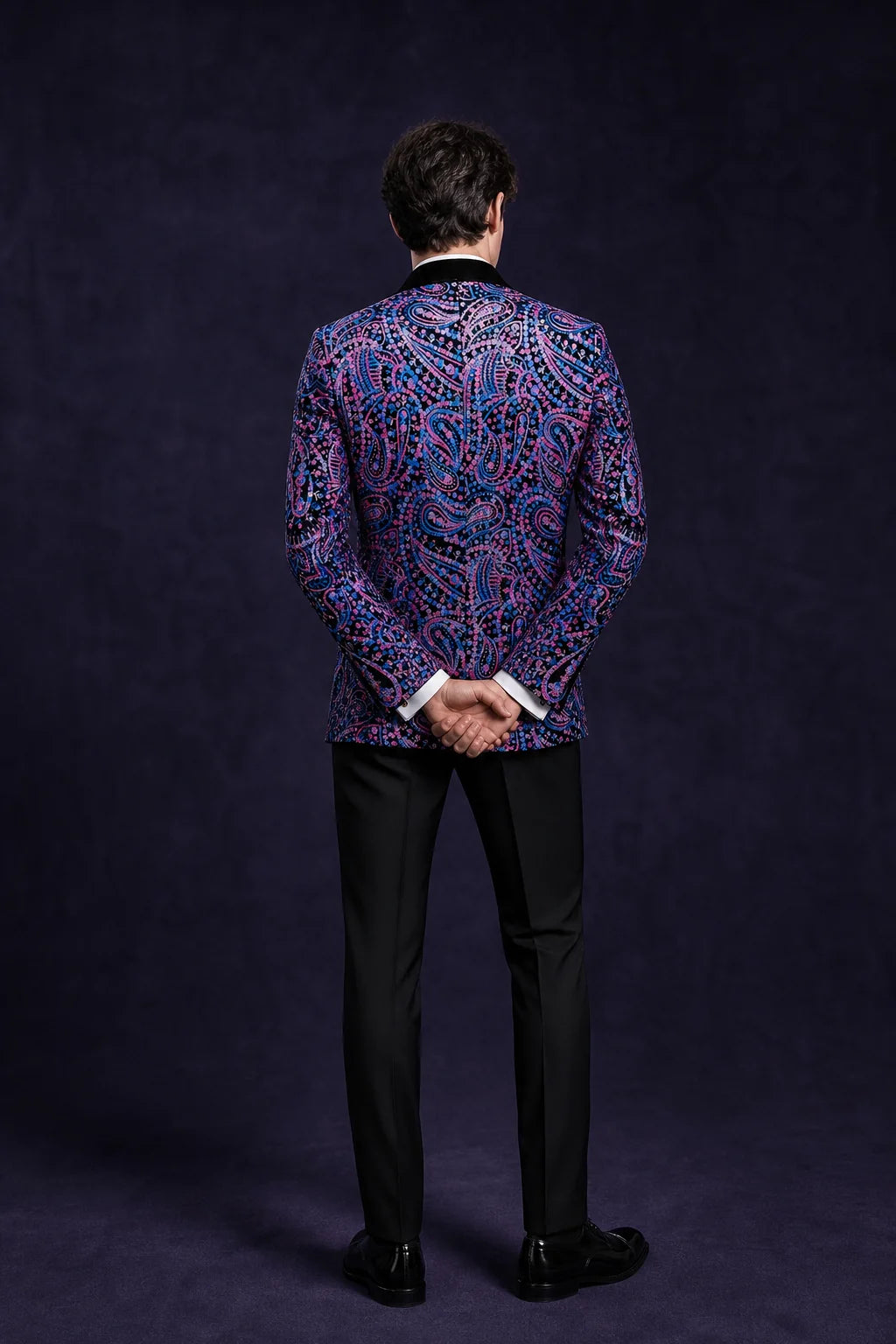 Men's Sequin Purple and Blue Paisley Black Suit