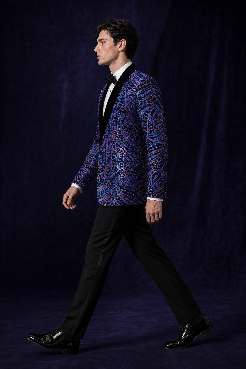 Men's Sequin Purple and Blue Paisley Black Suit