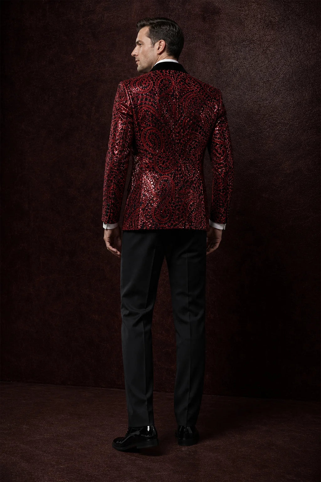 Men's Sequin Burgundy Paisley Black Suit