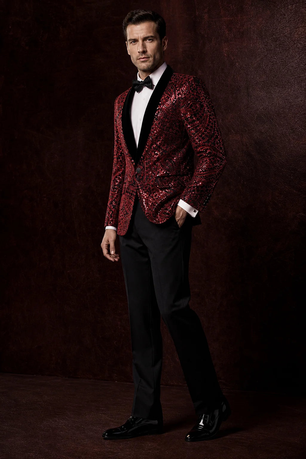 Men's Sequin Burgundy Paisley Black Suit