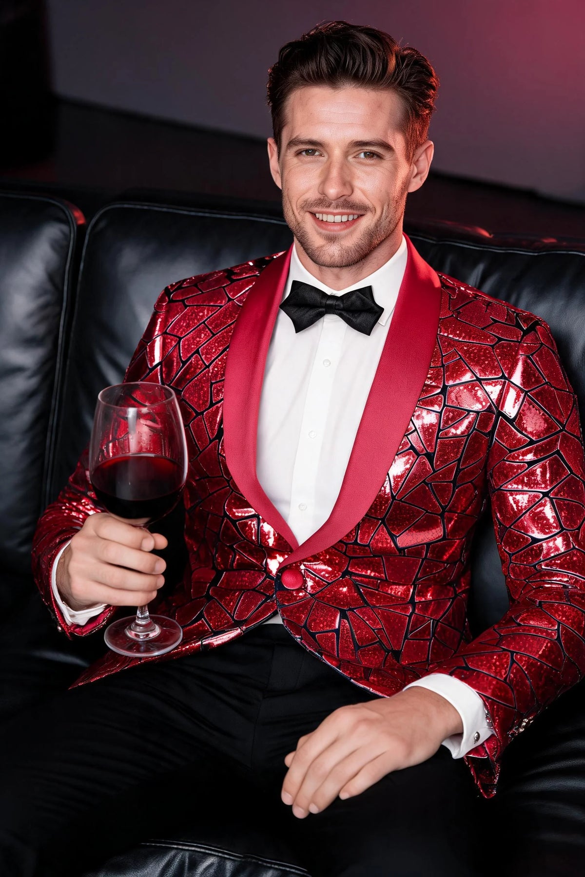 Men's Unique Mirrored Geometric Patchwork Magenta Prom Suit
