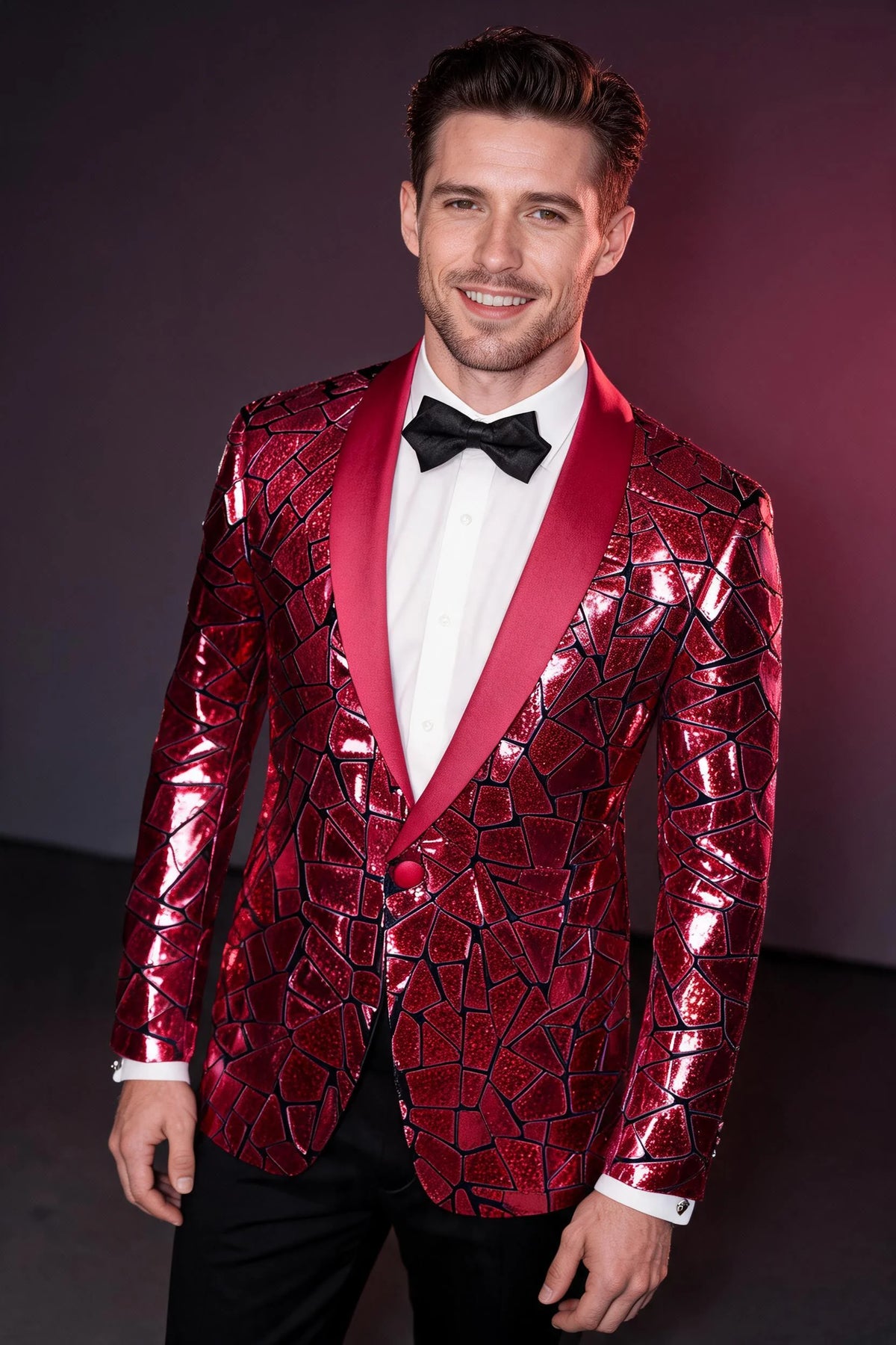 Men's Unique Mirrored Geometric Patchwork Magenta Prom Suit