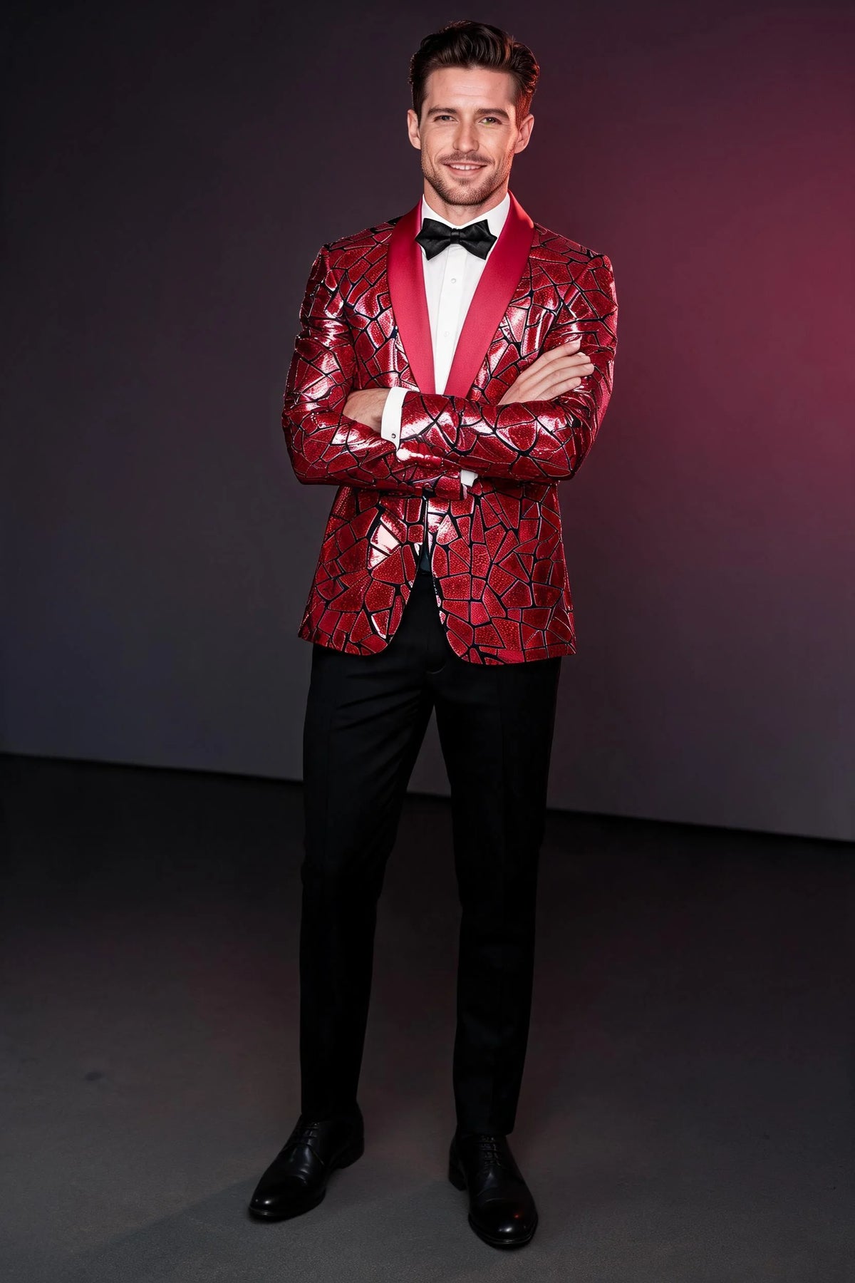 Men's Unique Mirrored Geometric Patchwork Magenta Prom Suit
