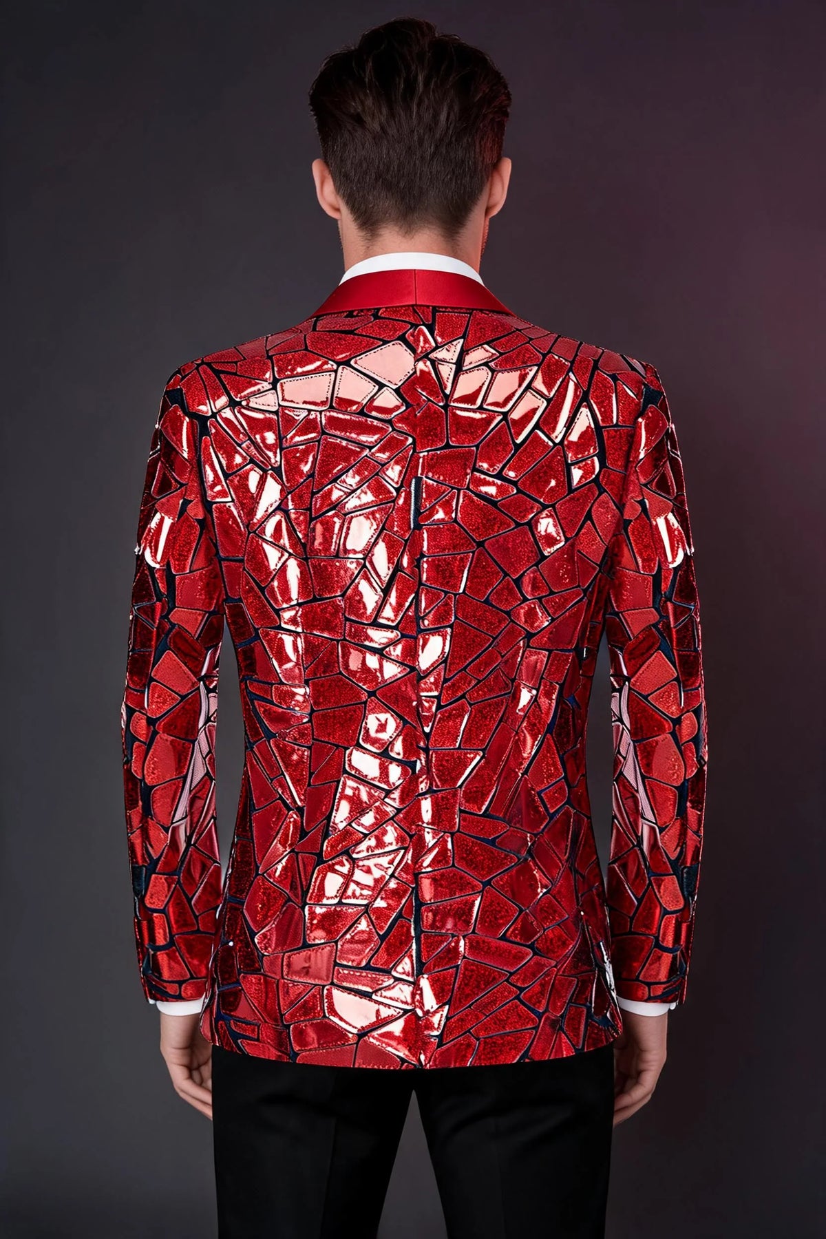 Men's Unique Mirrored Geometric Patchwork Magenta Prom Suit