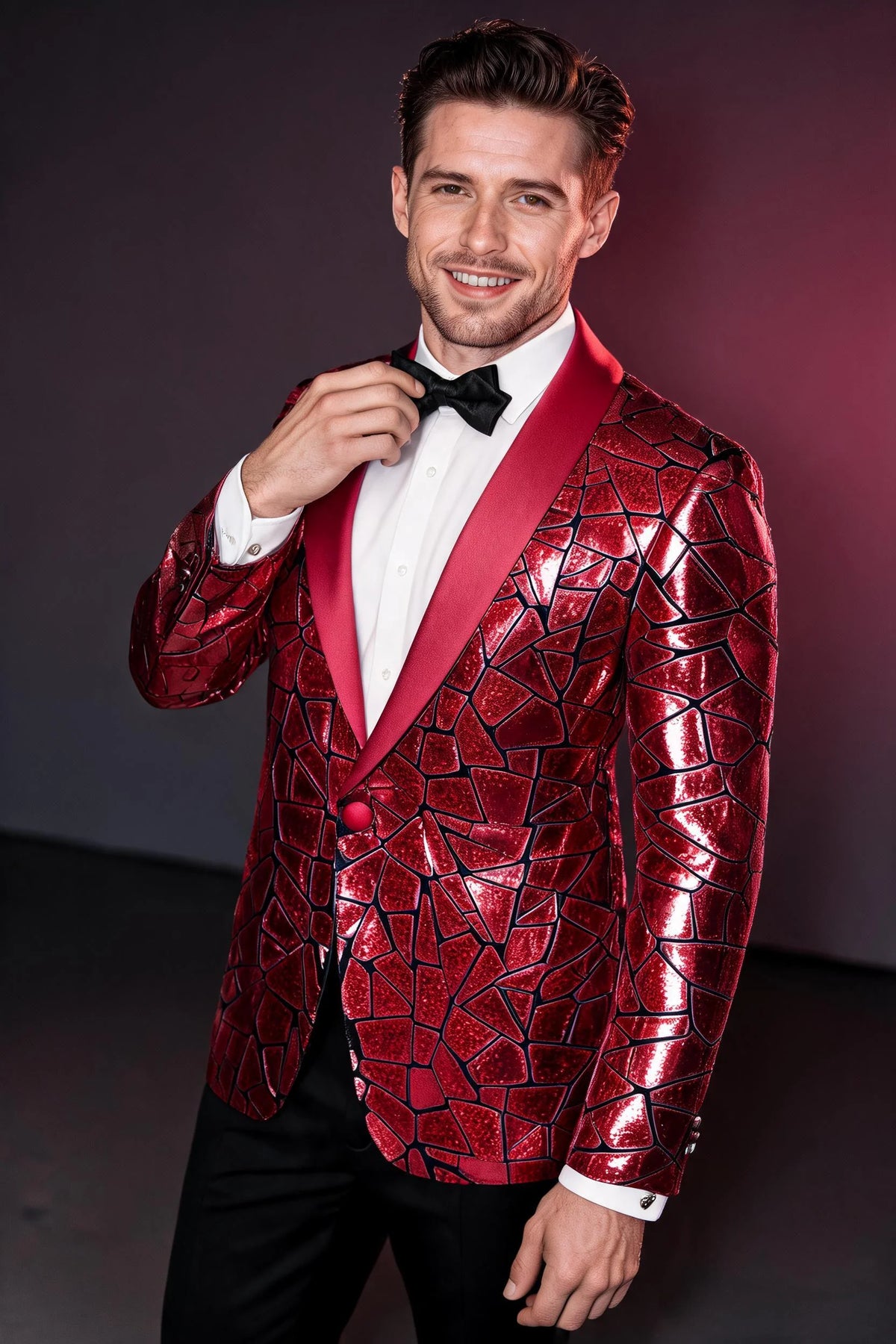 Men's Unique Mirrored Geometric Patchwork Magenta Prom Suit