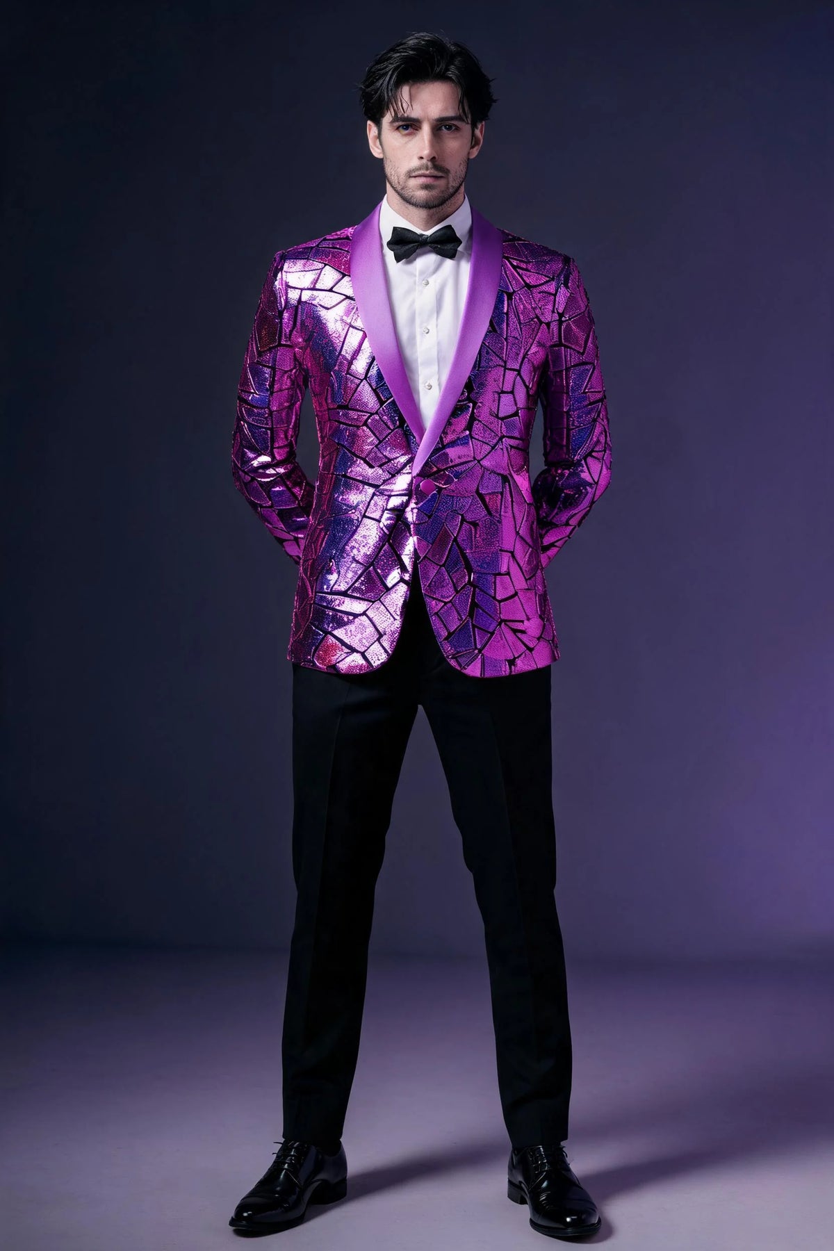 Men's Unique Mirrored Geometric Patchwork Purple Prom Suit