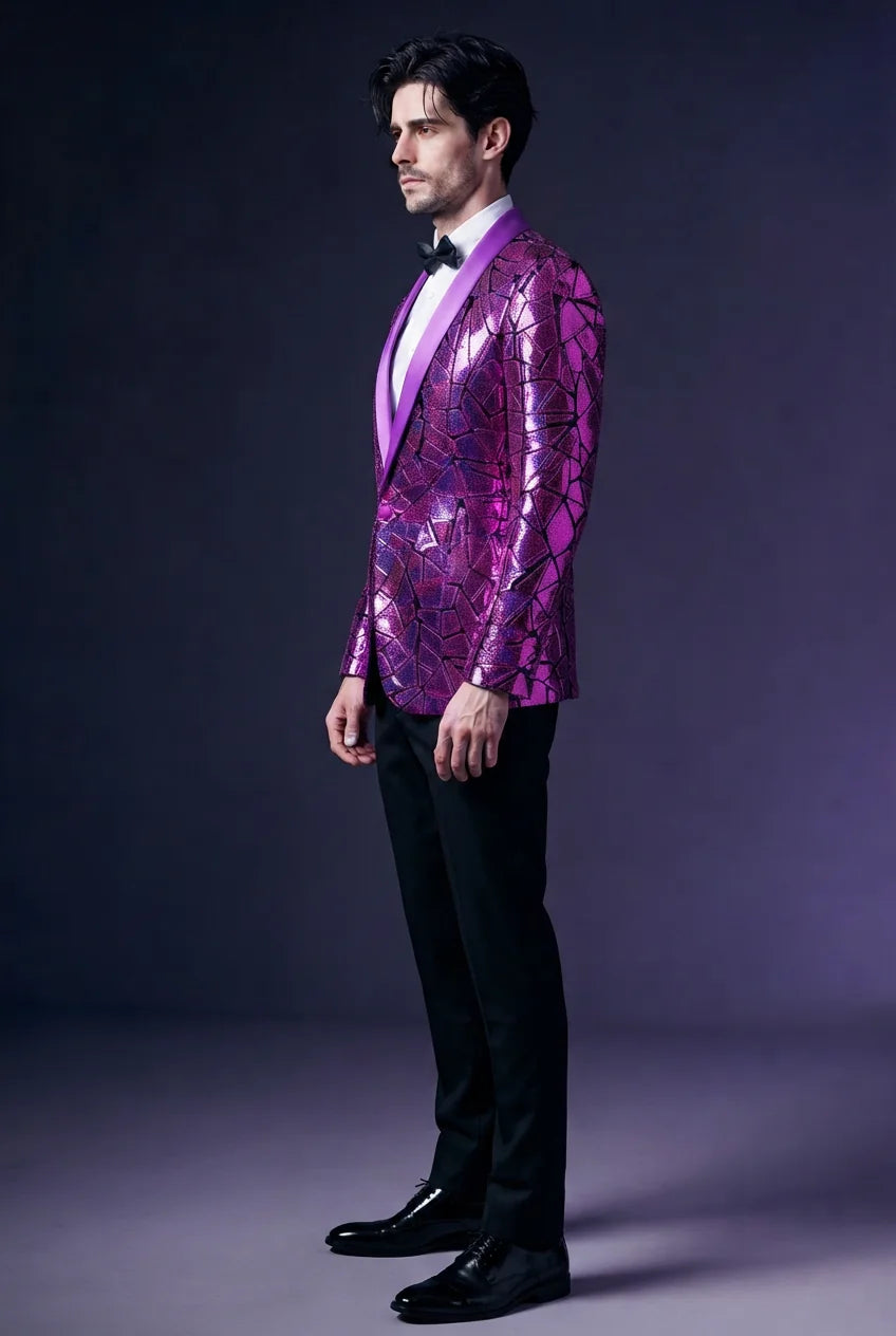 Men's Unique Mirrored Geometric Patchwork Purple Prom Suit