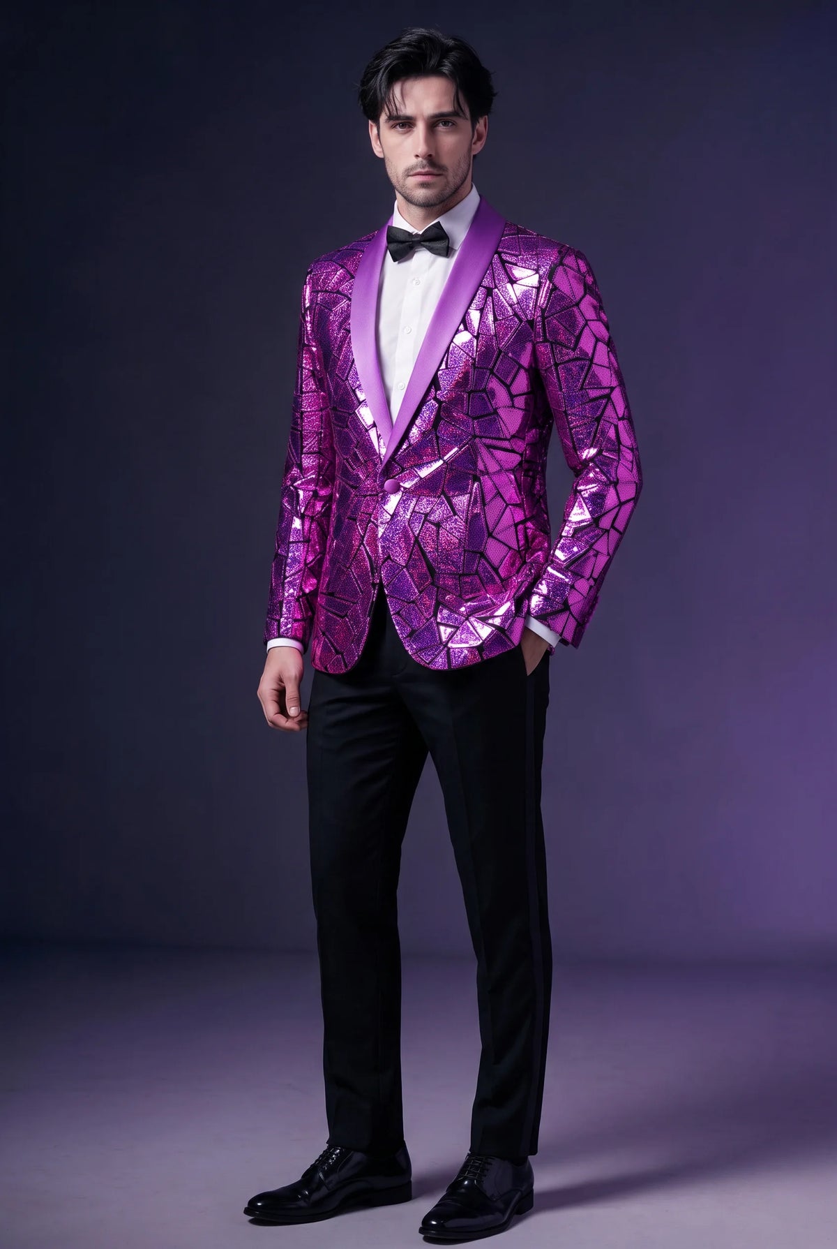 Men's Unique Mirrored Geometric Patchwork Purple Prom Suit