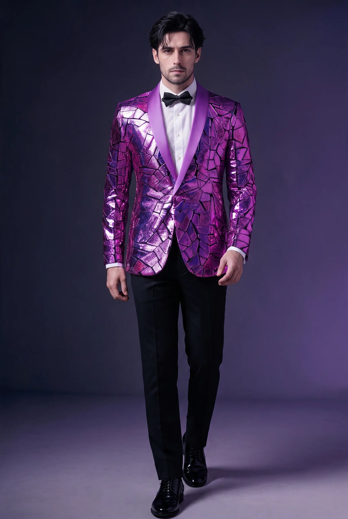 Men's Unique Mirrored Geometric Patchwork Purple Prom Suit