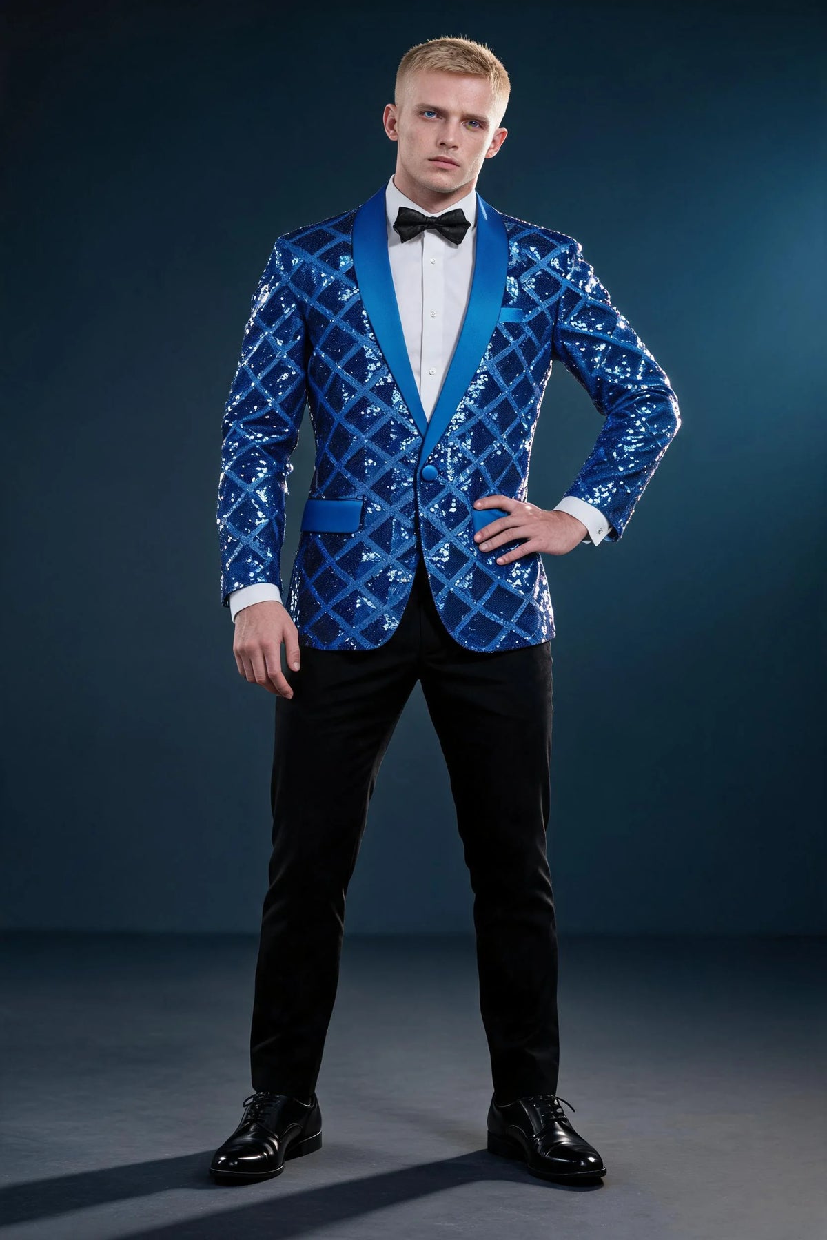 Men's Shimmering Argyle Pattern Blue Tuxedo Jacket