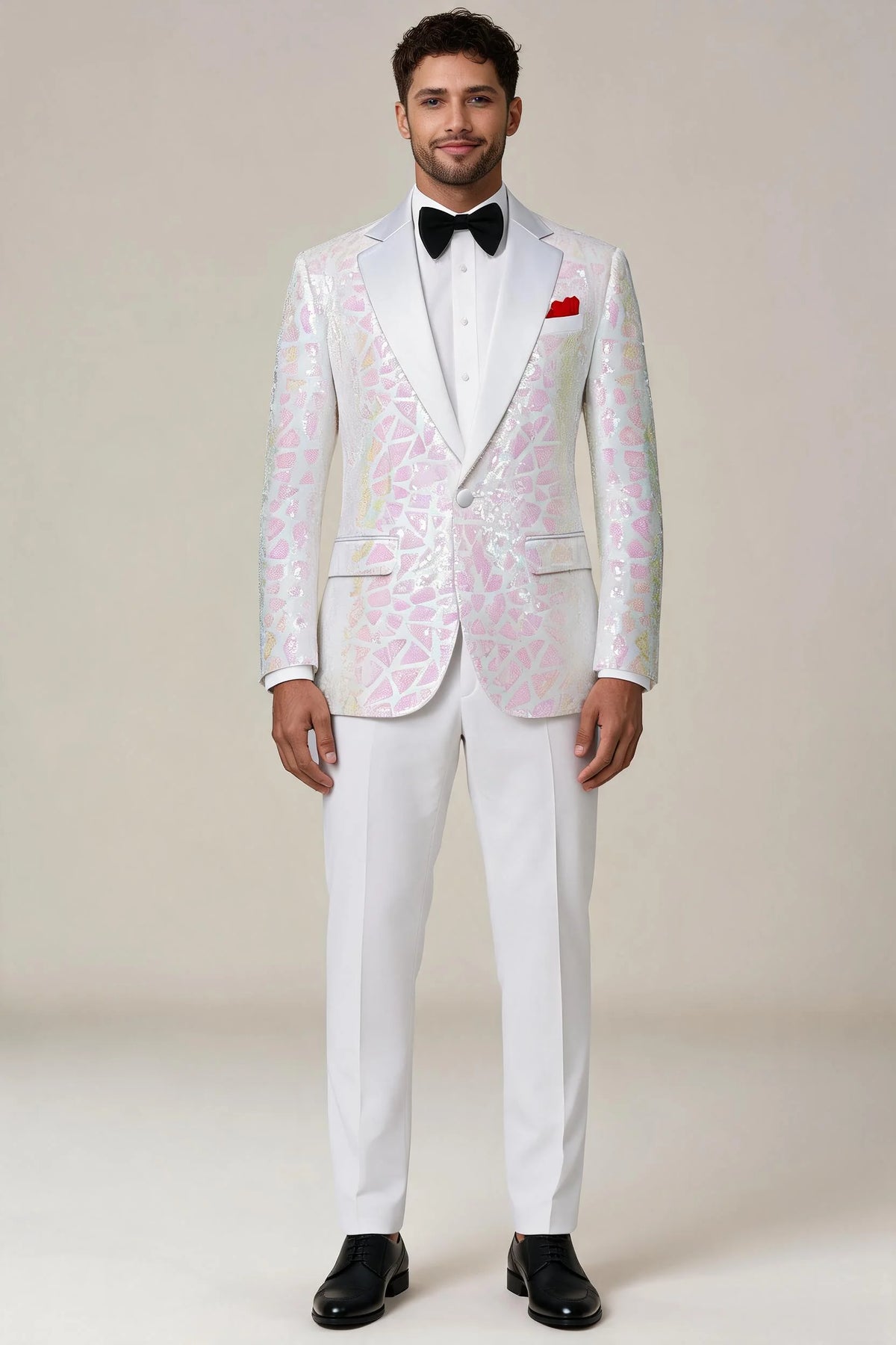 Men's Sequin Pink Geometric Mosaic White Tuxedo