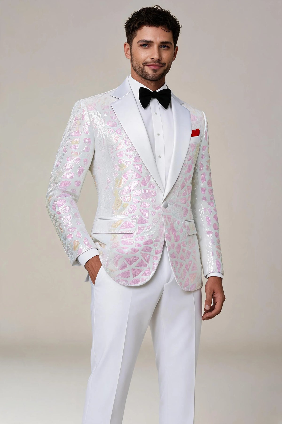 Men's Sequin Pink Geometric Mosaic White Tuxedo