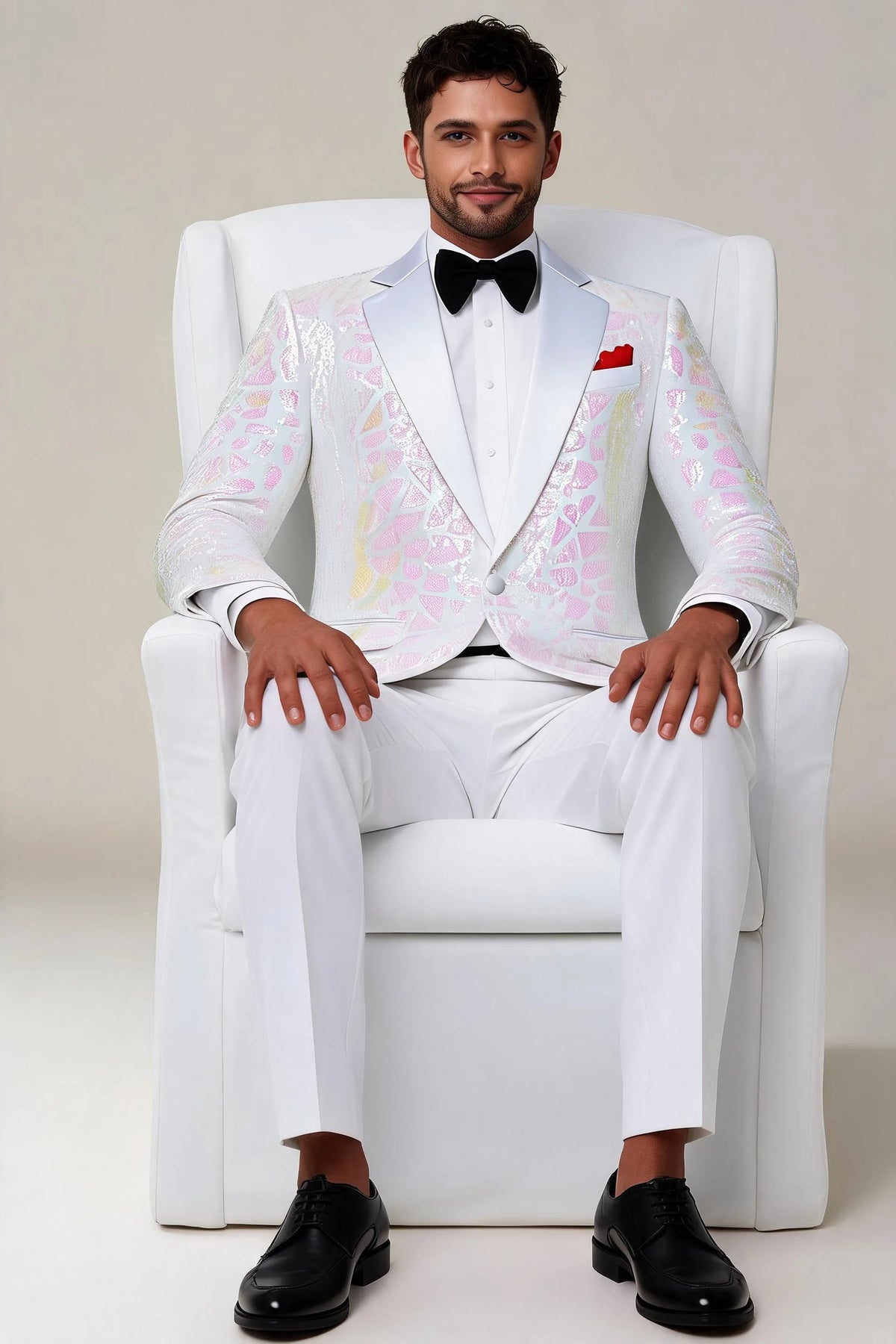 Men's Sequin Pink Geometric Mosaic White Tuxedo