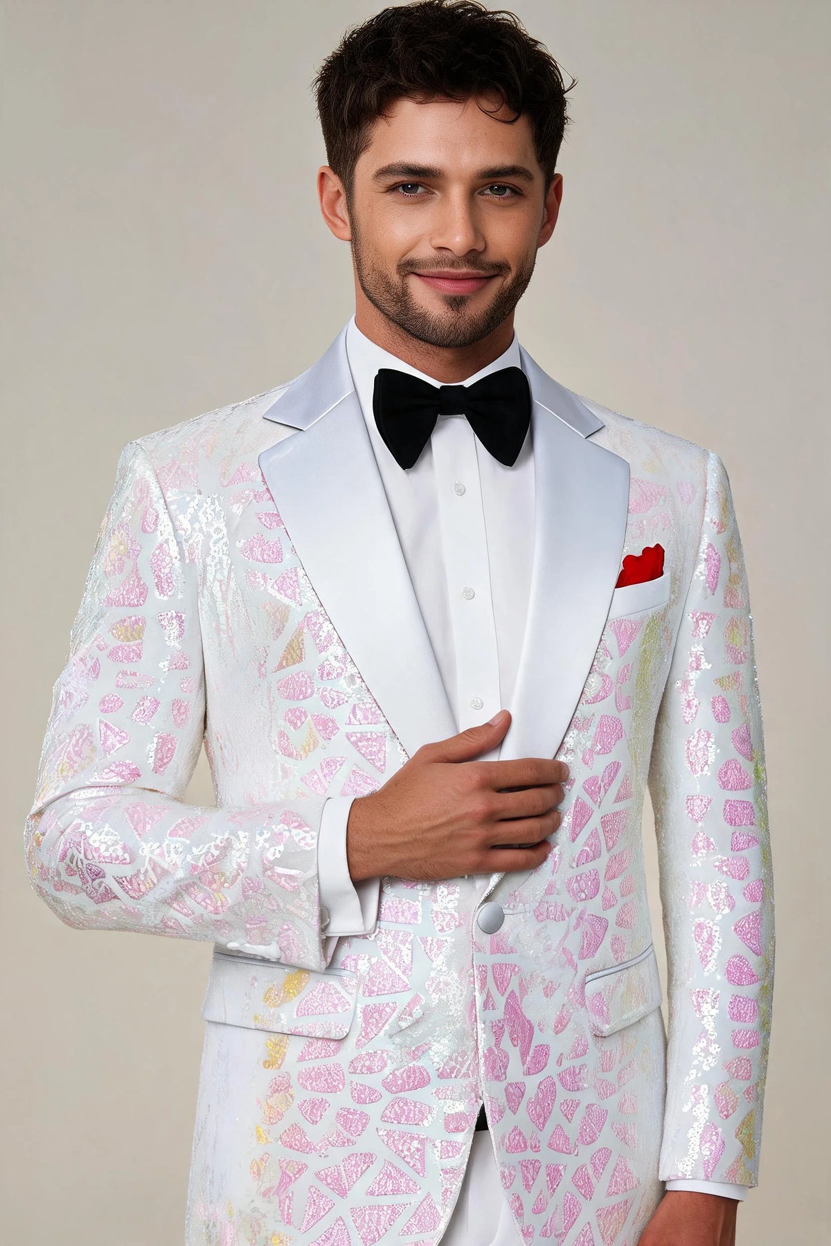 Men's Sequin Pink Geometric Mosaic White Tuxedo