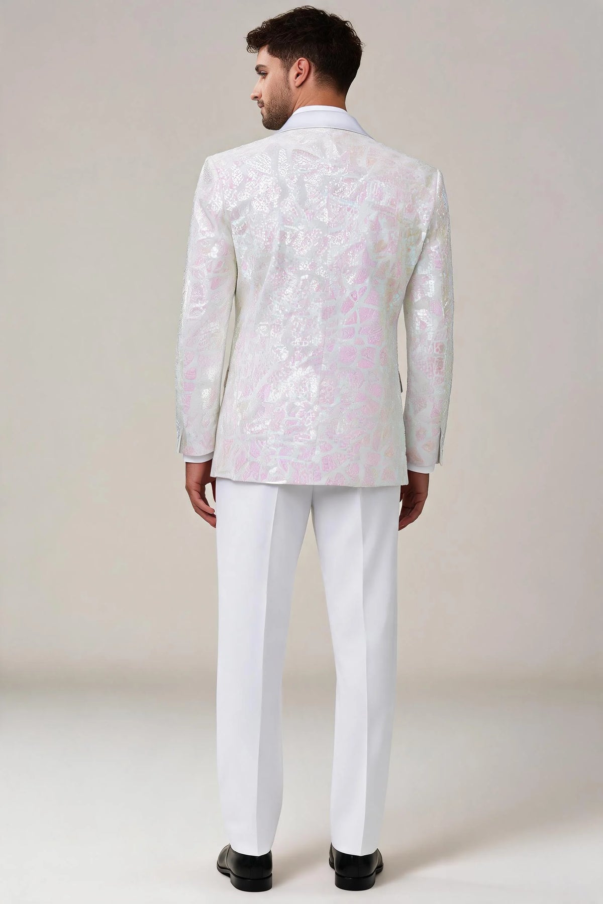 Men's Sequin Pink Geometric Mosaic White Tuxedo