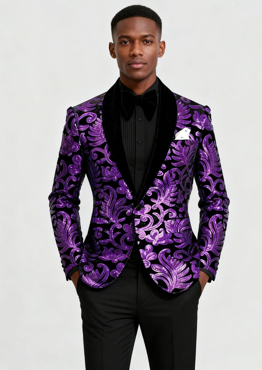 Men's Sparkle Floral Purple Sequin Tuxedo Jacket