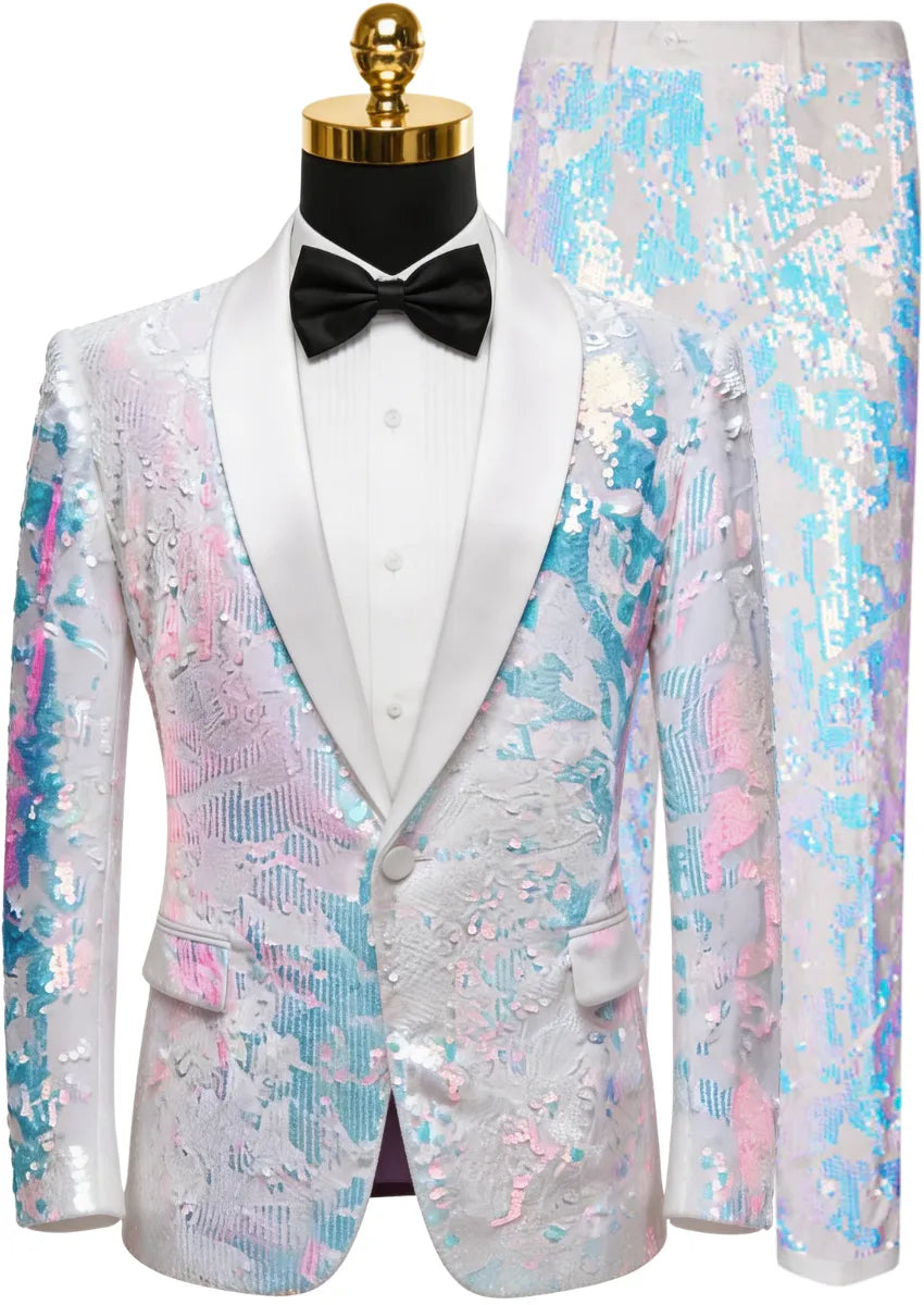 Men's 2-Piece Shawl Lapel in Satin Blue and White Sequin Tuxedo